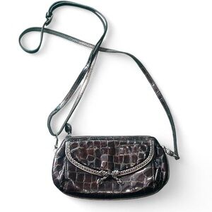 Brighton— vintage brown croc. embossed leather crossbody with silver hardware